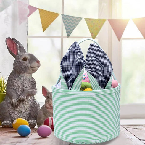 Easter Bunny Basket Seersucker Egg Bags for Kids, Personalized Candy Rabbit Print Buckets with Fluffy Tail
