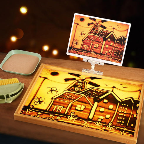 AtMini Sand Painting Light Box, Wooden Sand Art Table for Kids with 10 Cards, Sand Sensory Toy (11×16×1 in)