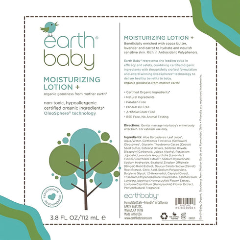 Earth Baby Moisturizing Lotion+ - Hypoallergenic for Sensitive Skin, 3.8 Fl Oz