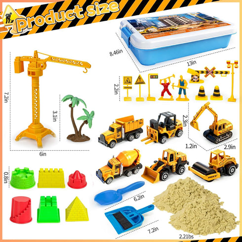 2.2lbs 6Pcs 3-8 Hymaz Construction Sensory Bin for Toddlers, Kids Play Sand Kit Toys Sandbox with Magic Sand, Alloy