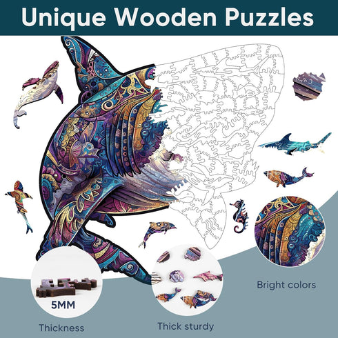 500 17.3 17.4 Inches Delobil Wooden Puzzles for Adults, Shark Jigsaw Puzzles Pieces, Unique Shape Puzzles with Wooden
