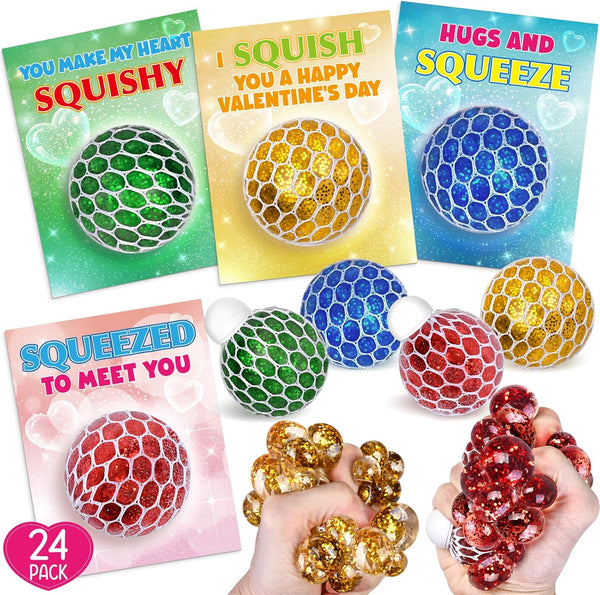 Valentines Day Cards for Kids School Classroom, 24 Stretch Squeeze Balls Fidget