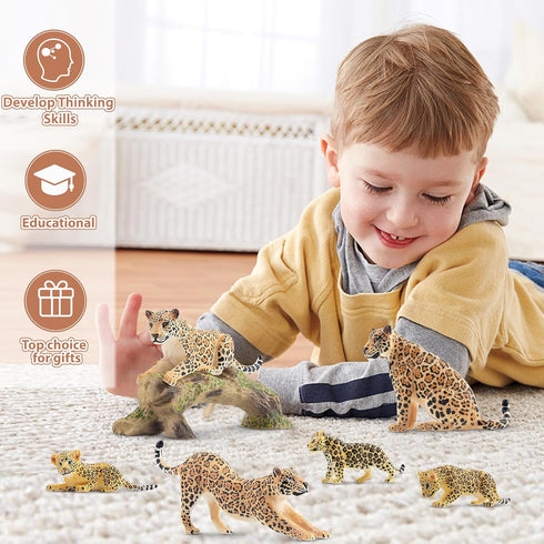 Toymany 7PCS Jaguars Figurines with Jaguars Cub and Tree Trunk, Realistic Jungle Animals Family Playset