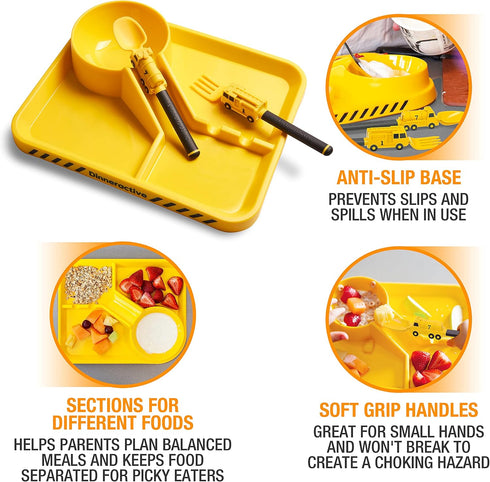 Set 3PC Dinneractive Dining For Kids - Yellow Firefighter Dinnerware - Fire Truck Utensils - Toddler Plates - Baby