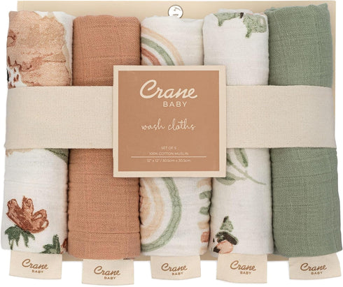 Set, 100% Set 5 Crane Baby Wash Cloth Cotton, of Baby Washcloths, Pink Floral Theme, Newborn Muslin Washcloths, Newborn