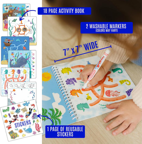 Kids Travel Educational Activity Book with Washable Markers - Car and Airplane Activities, Learning Toys for Toddlers- Search and Find, Reusable Stickers for Ages 4, 5, 6 (Ocean)