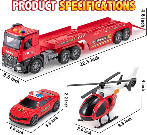 3 4 5 6 22" Fire Truck Toys for Toddler Boy Year Old, Carrier Truck Toy with Racing Car and Helicopter, Big Firetruck