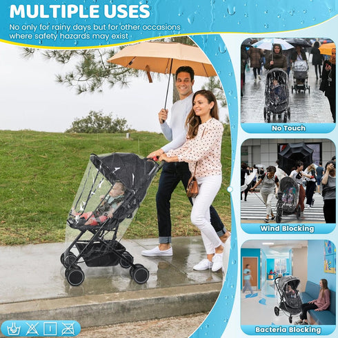 Universal Clear Stroller Rain Cover, No-zip Waterproof Cover, Food Grade EVA, Breathable Rain Shield for Single
