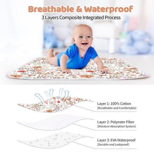 3Layers 24''x30'' Diaper Changing Pads for Baby, Flower Change Mat, Waterproof Change Pad Foldable Absorbent Mats