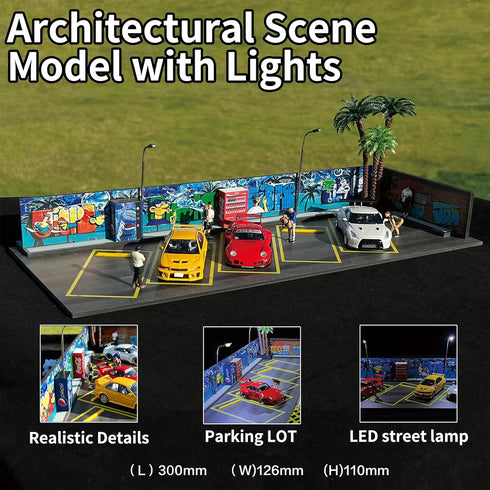 Hotwheels Display Case 1/64, Scenic Diorama Car Park with LED Lights, Model Display Case for 5 Parking Spaces