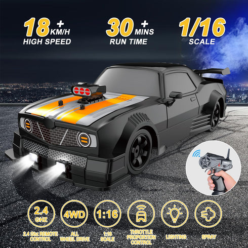 2.4GHz 1:16 4WD 18KM/H 2 Fistone RC Drift Car Scale High Speed Remote Control Car with LED Lights, Batteries and Rubber