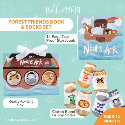 Tickle & Main Noah’s Ark 4-Piece Gift Set for Infants 0-12 Months, includes Storybook and 3 Pairs of Animal Socks Noah Arc Noahs Ark Book for Baby