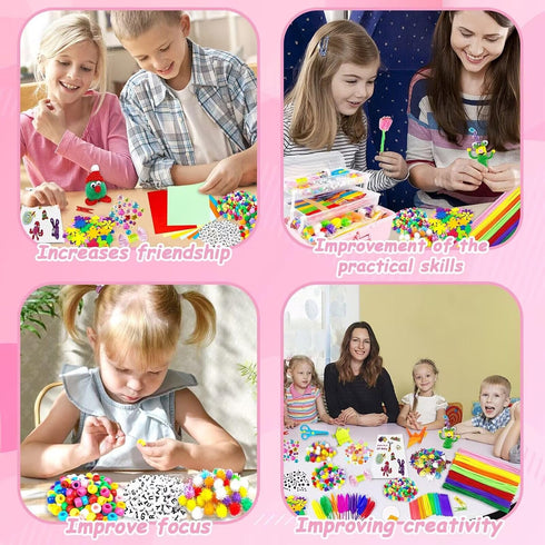 3000 3 4-6, 6-8, 8-12 Set Arts and Crafts Supplies for Kids Craft Kit All in Layered Craft Box with Pipe Cleaners