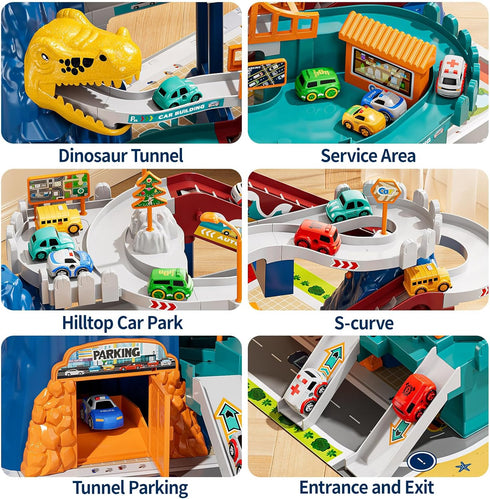 NIPLOOOW Playset 3-5, Set 10 3 4 5 6 7 8 Dinosaur Race Track for Boys Kids Dinosaur Climbing Hills Car Track Play