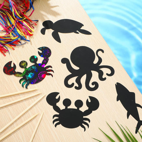 64 Pcs Sea Theme DIY Scratch Cards Set, Birthday Party Supplies Favor, Rainbow Color Scratch Art with Wooden Styluses