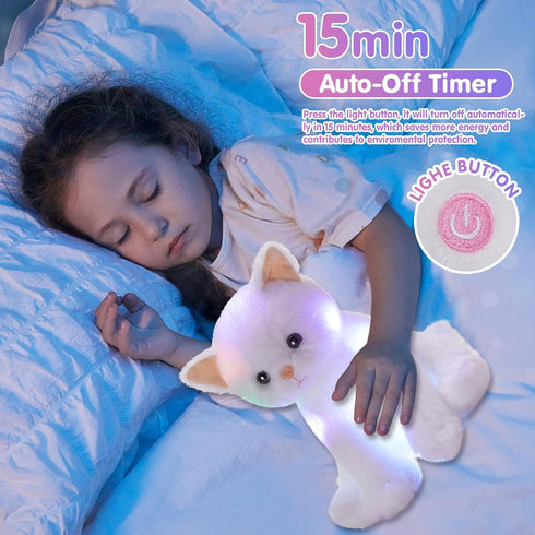 Houwsbaby LED Glowing Kitty Plush Toy - Light Up Cat Stuffed Animal, Night Lights Birthday Present for Kids, White, 12''