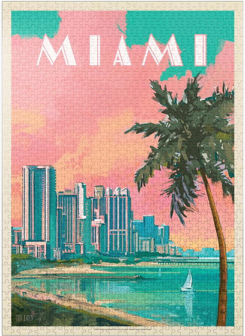 MyPuzzle Miami, FL: South Beach Vintage Poster - Premium 1000 Piece Jigsaw Puzzle for Adults