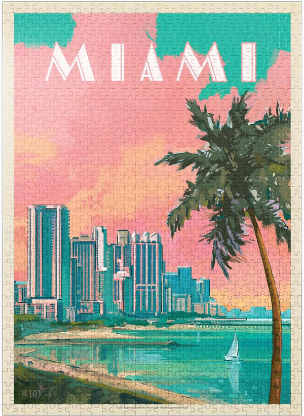 MyPuzzle Miami, FL: South Beach Vintage Poster - Premium 1000 Piece Jigsaw Puzzle for Adults
