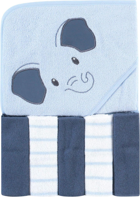 Hudson Baby Unisex Baby Hooded Towel and Five Washcloths, Blue Elephant, One