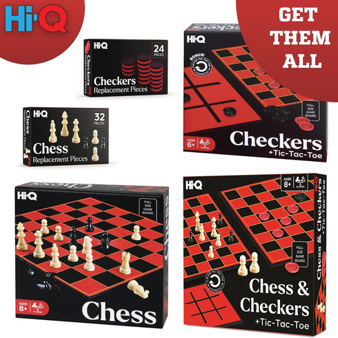 Hi-Q 3-in-1 Set Chess, Checkers & Tic-Tac-Toe Game Double-Sided Folding Board Staunton Style Pieces & Interlocking