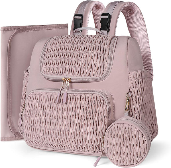 Geestock Diaper Bag Small Backpack, Stylish Quilted Baby Bag with Changing Pad, Pink Color