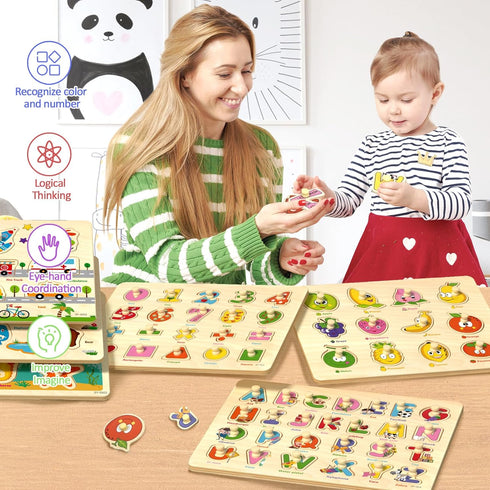 2-4, 6 Pack 1-3 3-5 Wooden Peg Puzzles for Toddlers Educational Peg Puzzles Montessori Toys, Learning Puzzles for Kids