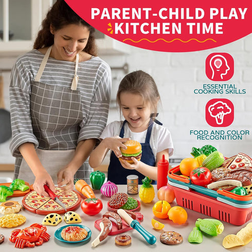 Sets Kitchen-80PC 2 Play Food for Kids Pretend Food with Kids Picnic Basket, Toy Food with Pizza Toy, Plastic Food
