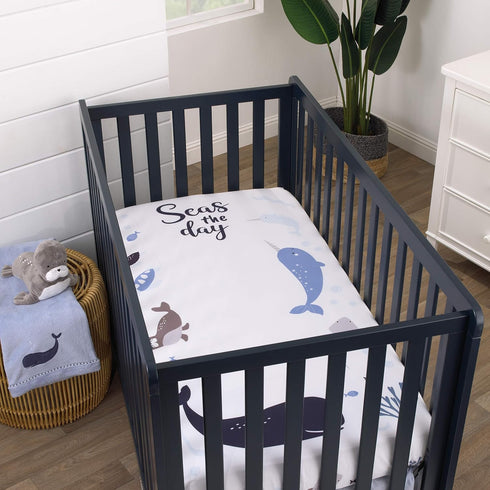 NoJo Seas The Day Fitted Crib Sheet - Multi Sea Animals Blue and White, 100% Cotton Photo Op