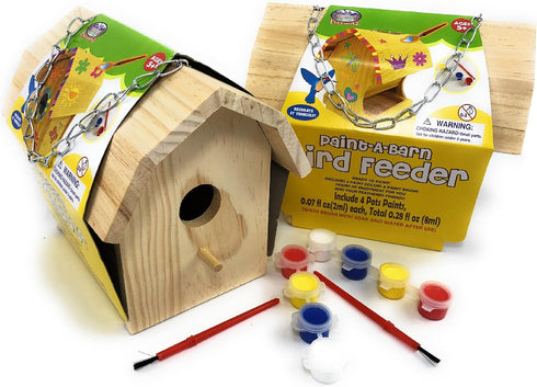Matty's Toy Stop Paint-A-Barn Gift Set Bundle - Wooden Birdhouse & Bird Feeder (Includes Paints & Brushes) - 2 Pack