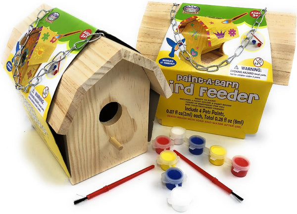 Matty's Toy Stop Paint-A-Barn Gift Set Bundle - Wooden Birdhouse & Bird Feeder (Includes Paints & Brushes) - 2 Pack