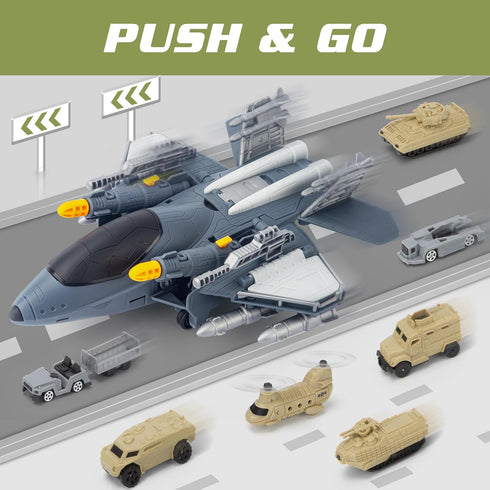 7 XDUOYJOY Military Fighter Jet Toys, Army Airplane Toys with Vehicles Trucks Helicopter Army Men, Decorate & Launch