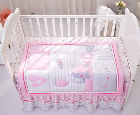 Set 3 Set La Premura Baby Crib Bedding for Girls, Pink Elephant & Love Balloons Piece Standard Size Nursery Crib