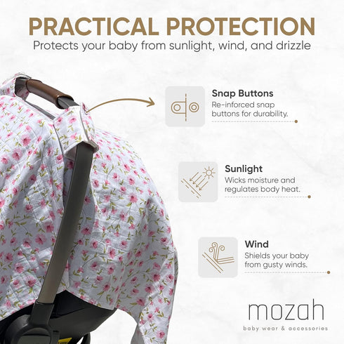 MOZAH 100% Baby Car Seat Cover - Pink Floral Leaves - Organic Muslin - Soft, Breathable and Lightweight, Baby Infant