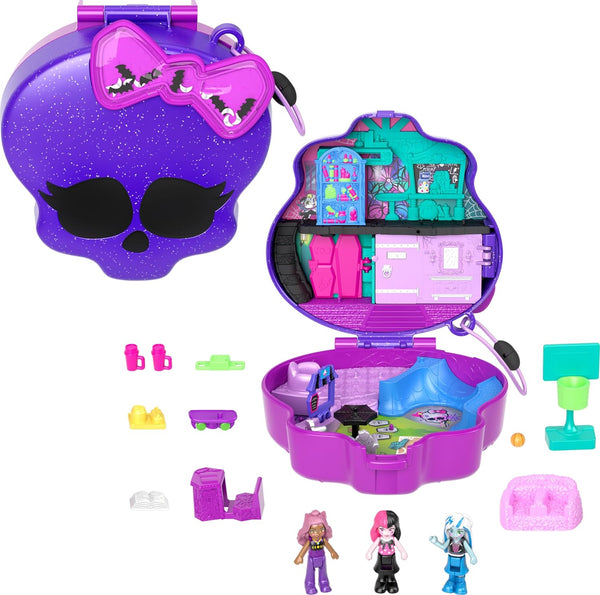 Polly Pocket Monster High Playset with 3 Micro Dolls & 10 Accessories - High School Collectible Travel Toy