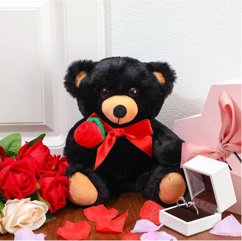 Black Bear Plush Stuffed Animal Black Bear with Rose Funny Cute Black Stuffed Animal Plush Gifts for Kids Toddler Girlfriend Mother's Day Birthday Christmas Valentine's Day,11.8 Inches