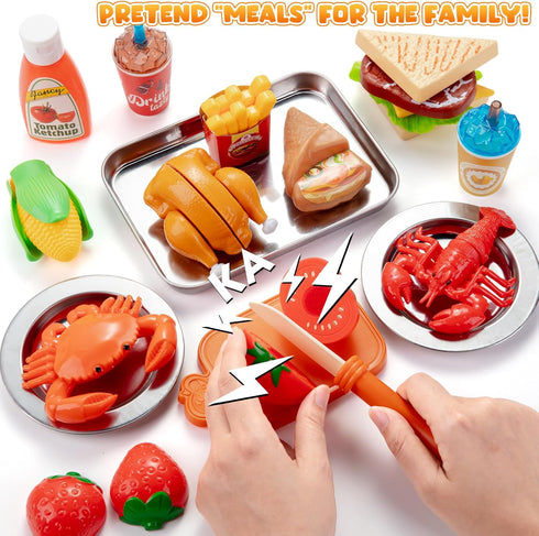 Set Juboury Pretend Play Food for Toddlers, Cutting Toy Food with Storage Bag, Stainless Steel Tray and Plates, Food