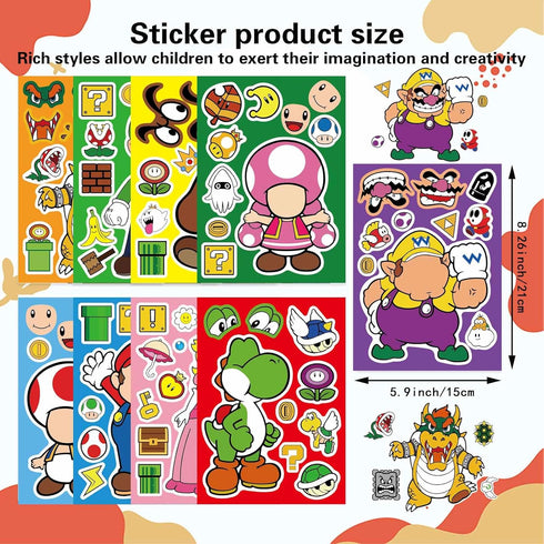 36 Sheets Mario Make a Face Stickers, DIY Cartoon Crafts for Kids Birthday Gifts and Party Favors