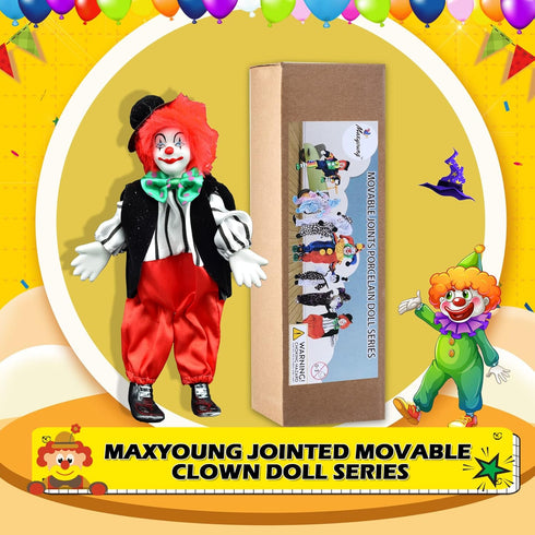 Maxyoung 9 Inch Porcelain Clown Doll - Vintage Collectible Figure, Hand Painted Toy, Movable Joints