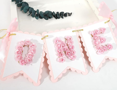 LINLULU 1st 1st Flower Birthday High Chair Banner - Pink and Gold One Birthday Banner, Princess Bday Decoration, Rose