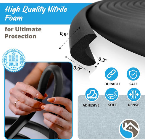 Baby Proof Corners and Edges with 18ft Bumper & 8 Foam Corner Protectors, Thick, Odorless, Black