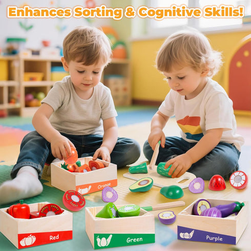 Set, 3 4 5 6 7 WOODMAM Wooden Play Food for Toddlers, Color Food Groups, Fruit & Veggies Cutting Pretend Play Food