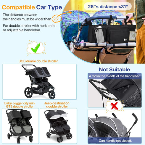 ZZM Double Stroller Organizer for Bob Duallie and Baby Jogger City Mini GT2, Double Baby Stroller Accessories