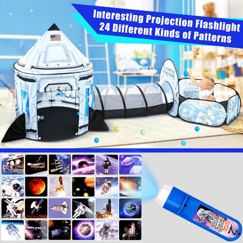 Kids Ball Pit for Play Tent - 3PC Baby Gifts with Roar Button, Projection Flashlight, Indoor Outdoor Games (White)