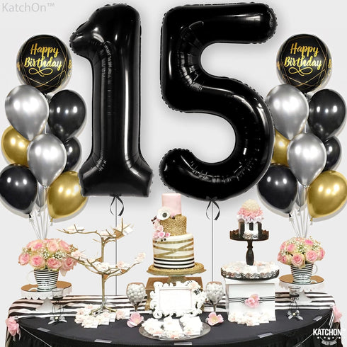 KatchOn Giant Black 15 Balloons Number - 40 Inch Happy 15th Birthday Decorations for Boys, 15 Birthday Balloons