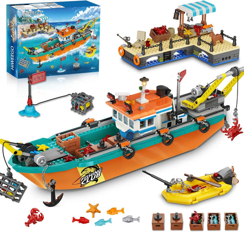City Fishing Boat Wharf Building Set - Floatable Sea Fishing Ship Building