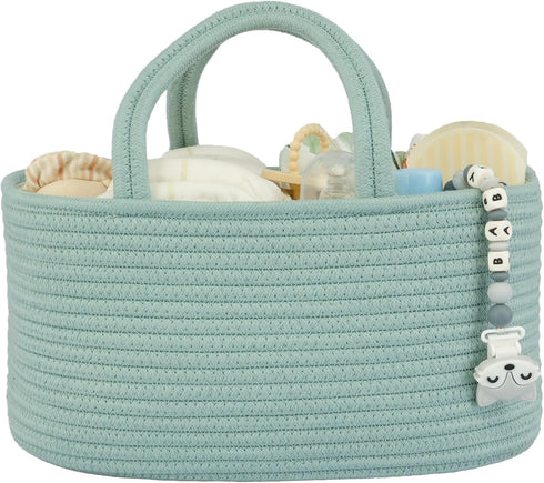 Portable Diaper Caddy Organizer for Baby, Cotton Rope Nursery Storage Bin, Light Green Tote Bag for Changing Table