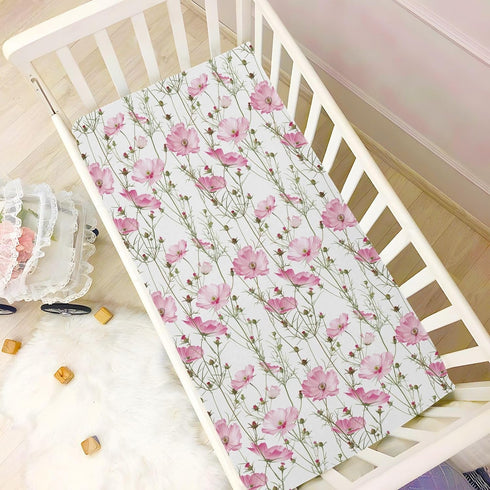KICPOAY 52 28 Pale Pink Wildflowers Fitted Crib Sheets Stretchy Portable Playard Sheets for Baby Toddler, Breathable