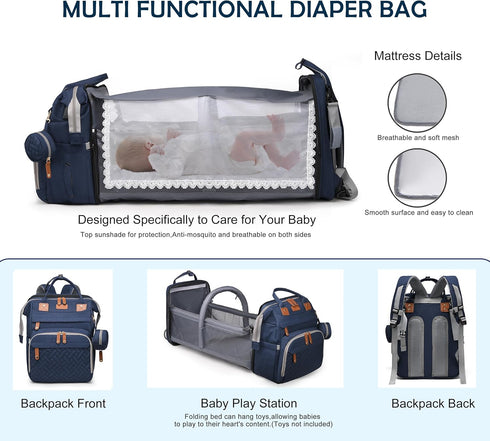 CESAILT Diaper Bag with Changing Station, Travel Diaper Bag Mosquito Net, Waterproof, Insulated Bottle Pockets