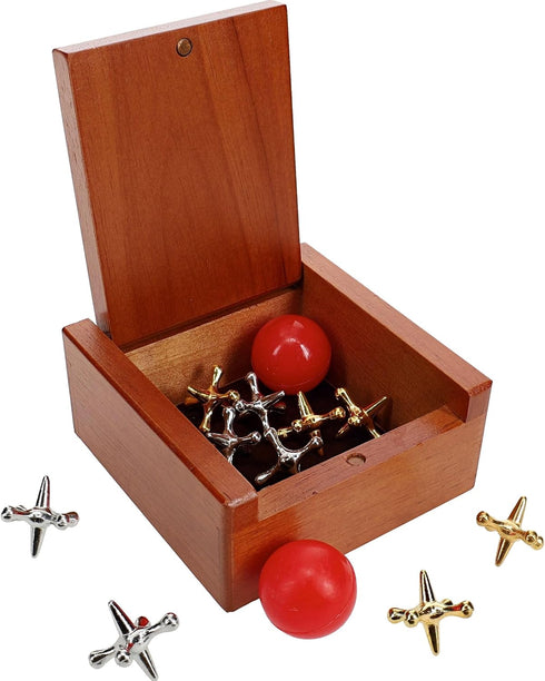 WE Games Classic Metal Jacks Set – Nostalgic Floor Game with 2 Red Balls in Keepsake Wooden Box