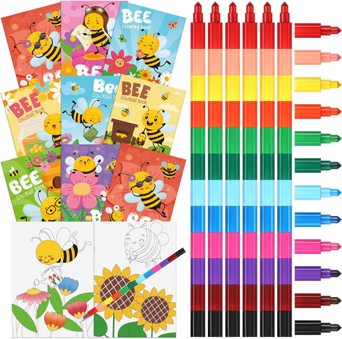 Funrous 24 Sets Bee Coloring Books Bulk with Stackable Crayons Spring Drawing